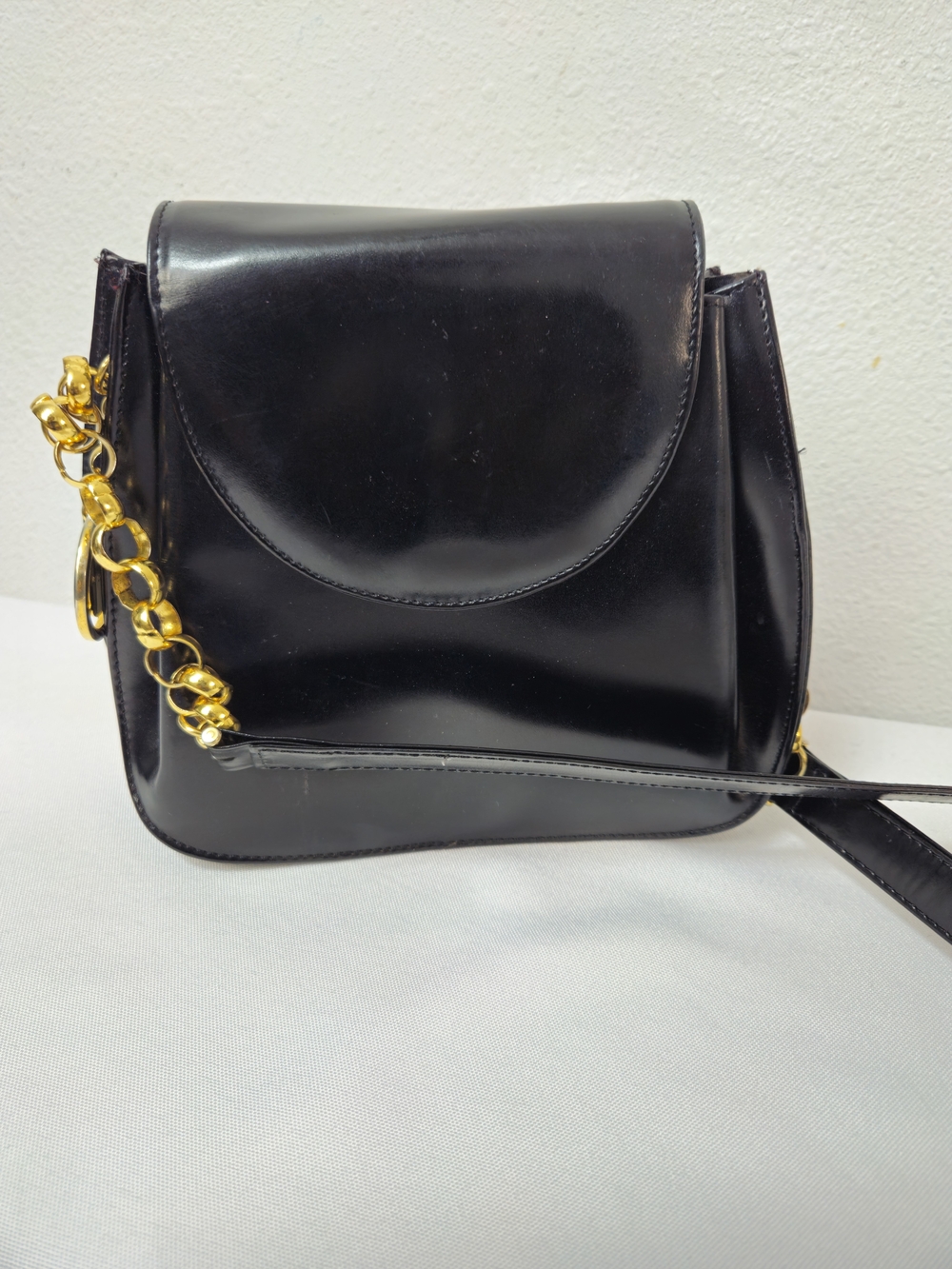 Jay Herbert Black Leather Crossbody Bag with Gold Chain Accent Vintage Mini